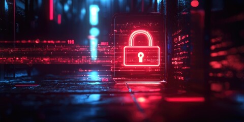 Fototapete - A secure login screen displays an encrypted password and digital padlock, symbolizing cybersecurity, no people involved.