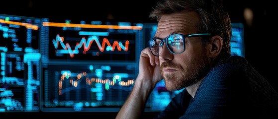 Analyzing Financial Data, Man Focused, Bright Graphs, Blue Lighting