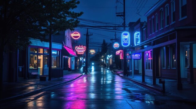 Lambent neon signs softly illuminating a quiet city street at night, creating a peaceful urban atmosphere.