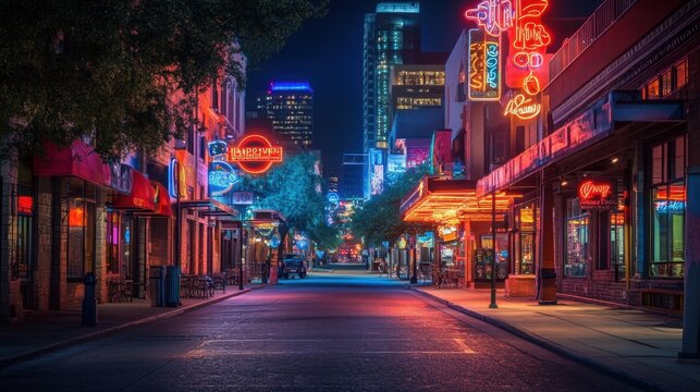 Lambent neon signs softly illuminating a quiet city street at night, creating a peaceful urban atmosphere.