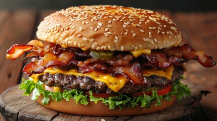 Double cheeseburger with bacon on a wooden table, white background