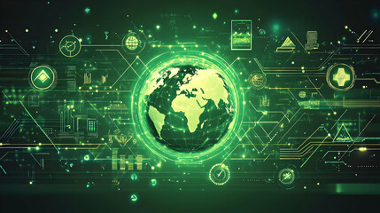 Poster - A digital rendering of the Earth surrounded by abstract green lines and data, representing the interconnectedness of global technology and networks.