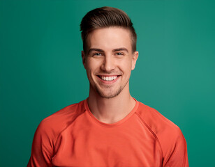 Studio Portrait of Handsome Young Man Happily Smiling Against Green Background