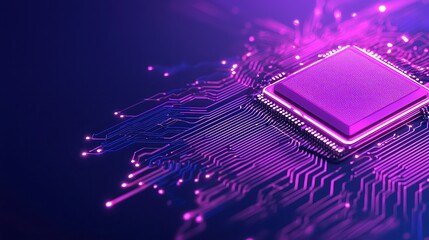 Poster - Close-up of a purple microchip on a circuit board, with glowing lines and patterns, dramatic lighting.