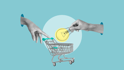Poster - Purchase of electricity concept. Buy a light bulb and Payment for lighting. Search and buy new ideas. Lamp or light bulb in shopping cart, shopping. Finance and economy, Ideas and Innovation