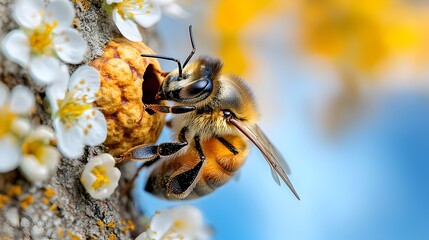Poster - A detailed cross section view of a beehive embedded within the trunk of a tree with colorful flowers blooming nearby to provide a food source for the foraging bees