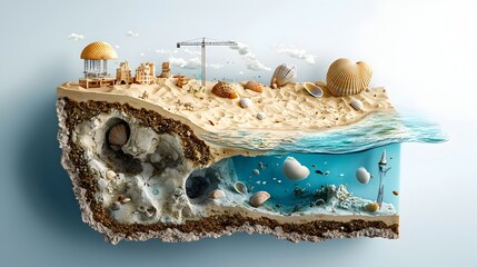Poster - A visually captivating cross section of a tranquil beach showcasing the intricate layers of sand the presence of seashells