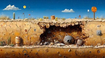 Poster - Captivating Cross Section of a Desert Landscape Showcasing Shifting Sand Dunes and Fossilized Remnants Beneath the Surface