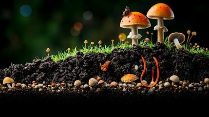 Aufkleber - Captivating cross section of a forest floor showcasing the intricate layers of mushrooms soil and burrowing worms that form the vibrant underground ecosystem