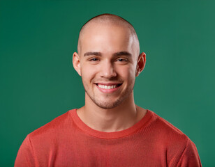 Studio Portrait of Handsome Young Man Happily Smiling Against Green Background