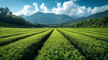 Beautiful view of the tea plantation with blue sky, clouds and hills