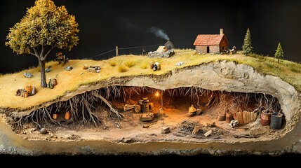 Poster - Captivating cross section of an intricate forest landscape revealing the hidden wonders of tree roots wildlife burrows and the diverse soil layers that make up the underground ecosystem