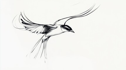 Wall Mural - minimalist black line tattoo of a bird in flight, sleek and detailed on a white background.