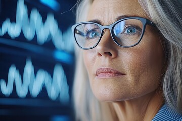 Poster - Confident woman analyzing data on screen, focused expression, professional atmosphere, modern workplace.