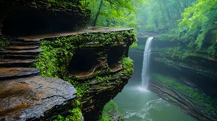 Poster - Captivating cut through view of a powerful waterfall cascading down a rocky cliff revealing intricate water channels rugged stone formations and lush verdant plant growth along the edges