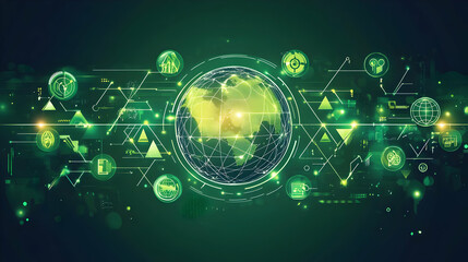 Poster - abstract digital green background with a globe in the middle, connected by lines and icons to other 