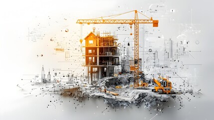Poster - Comprehensive 3D cutthrough rendering showcasing the complex inner workings and structural components of an active construction site including building foundations towering cranes