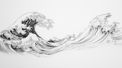 Poster - Minimalist black line tattoo of a wave, sharp and detailed against a clean white background.