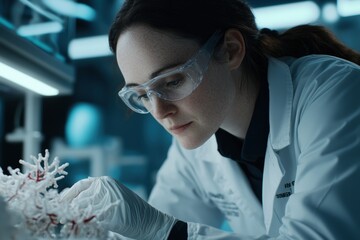 Poster - female scientist examining coral samples in a laboratory setting with modern equipment.