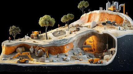 Poster - Cross section of a majestic mountain range revealing the intricate layers of rock strata minerals and underground caves that make up its geological composition