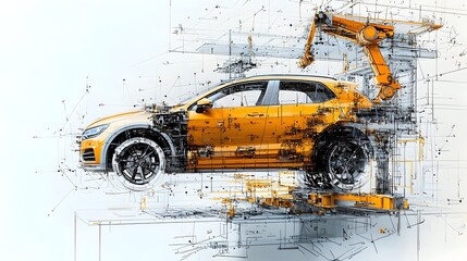 Aufkleber - Cross section of a modern highly automated automotive manufacturing plant showcasing robotic arms efficiently assembling cars on multiple levels
