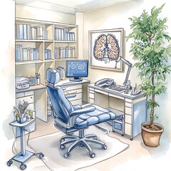 Canvas Print - Watercolor Illustration of a Modern Office Interior with a Desk, Chair, Bookshelf, and a Plant.