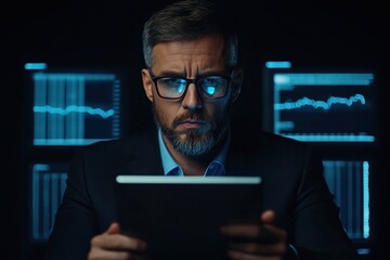 Poster - Focused businessman analyzing data on tablet with graphs in the background.