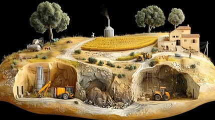 Aufkleber - Cross sectional view of a farmland landscape highlighting the intricate relationship between crops irrigation systems and underground aquifers for sustainable agricultural practices