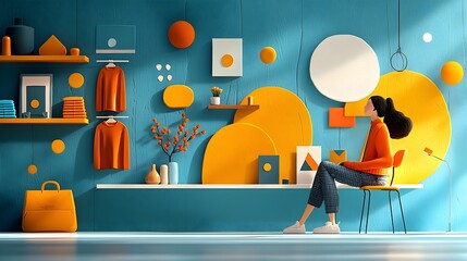 Poster - Cut through view of an upscale boutique clothing store showcasing a sophisticated and contemporary interior design with stylish product displays fitting rooms