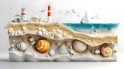 Aufkleber - Detailed 3D cross section of a beach showcasing the intricate layers of sand embedded seashells and the underground network of water channels that make up the coastal ecosystem