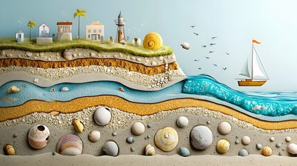 Poster - Detailed 3D cross section of a beachfront environment showcasing the layers of sand seashells and the hidden underground water channels and fluid flows beneath the surface