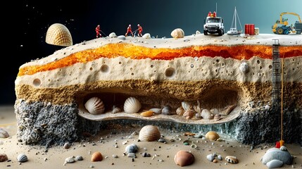 Aufkleber - Detailed 3D Cross section of a Tranquil Beach Revealing Hidden Sand Layers Seashells and Underground Water Channels   An Illustrative of Coastal Geology and Hydrology