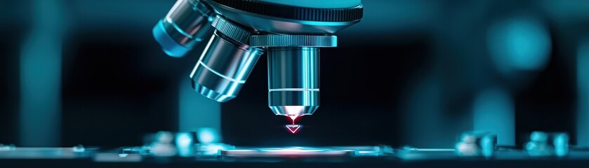 Poster - high-tech microscope with advanced optics, focused on a specimen table, showcasing scientific resear
