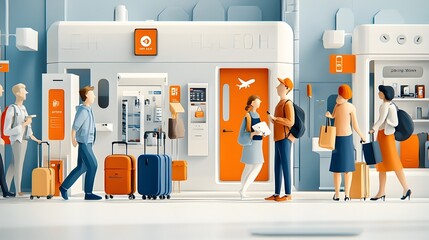 Aufkleber - Detailed 3D cross section view of a modern airport terminal showcasing the bustling activity and amenities for travelers including check in counters security checkpoints shopping areas