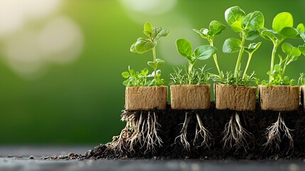 Poster - Detailed 3D cross section view of a thriving herb garden showcasing the intricate root systems spreading through individual planters and the lush harvestable herbs ready for culinary use
