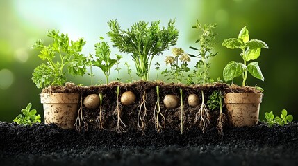 Aufkleber - Detailed 3D cross section view showcasing the lush layered growth of an indoor herb garden with roots spreading across individual planters and verdant foliage ready for harvesting