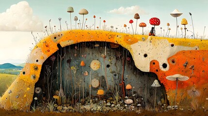 Aufkleber - Detailed Cross Section of a Grassy Hill Showcasing the Complex Subterranean World of Mole Tunnels Wildflower Roots and Interconnected Fungal Networks