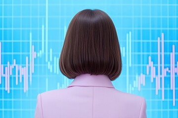 Professional woman observing market trends and analytics on a digital display.