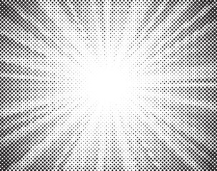 Wall Mural - Halftone gradient sun rays pattern. Abstract halftone vector dots background. monochrome dots pattern. Vector background in comic book style with sunburst rays and halftone. Retro pop art design.