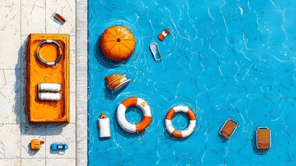 Poster - Detailed cross section of a swimming pool showcasing the inner workings and systems including floating pool toys and other equipment