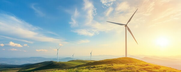 A scenic landscape featuring wind turbines on hills, under a vibrant sky at sunset, symbolizing renewable energy and sustainability.