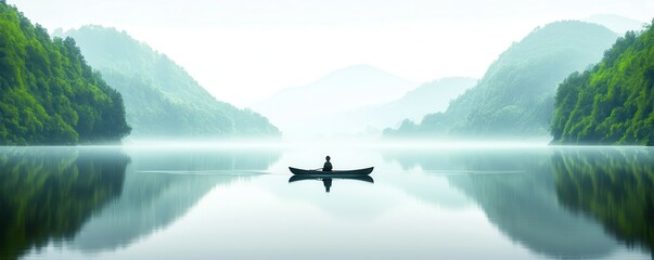 Sticker - Serene Mountain Lake with Canoe.