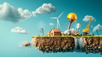 Poster - Detailed cross section showcasing a wind farm with wind turbines above and the underground electrical cabling infrastructure below the surface