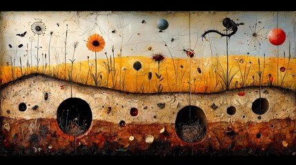Aufkleber - Detailed Cross Section Showcasing the Intricate Layers and Diverse Elements of a Lush Thriving Meadow Ecosystem Including Flowers Insects and the Underground Burrows of Small Animals
