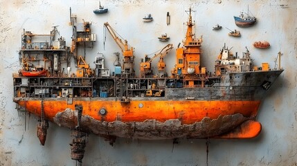Poster - Detailed cross section showcasing the layered infrastructure and processes within a bustling shipyard including dry docks welding areas and ship assembly lines