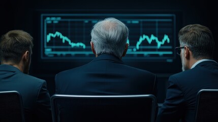 Poster - Three professionals analyzing financial graphs on a screen in a dark room. Serious atmosphere focused on data.