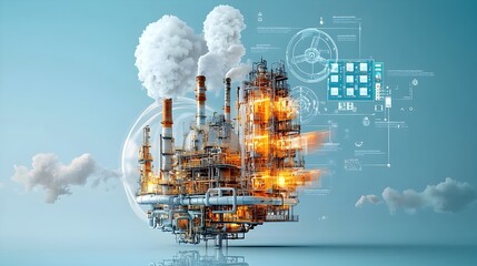 Leinwandbilder - Detailed cross section view of a complex chemical processing facility showcasing the intricate network of pipelines reactors