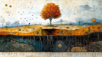Aufkleber - Detailed cross section view of a dense forest landscape exposing the intricate network of tree roots wildlife burrows and varied soil layers that exist beneath the surface