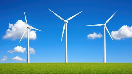 Three wind turbines on a green field under a clear blue sky with fluffy clouds.