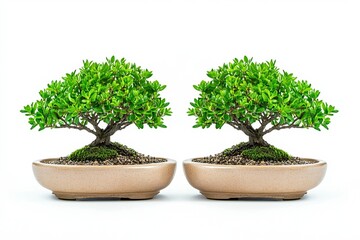 Two lush green bonsai trees in elegant pots on a white isolated background.